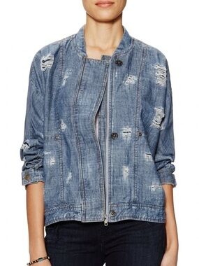 Free People Tattered Tennis Denim Jacket Bomber Distressed Indigo Blue Small